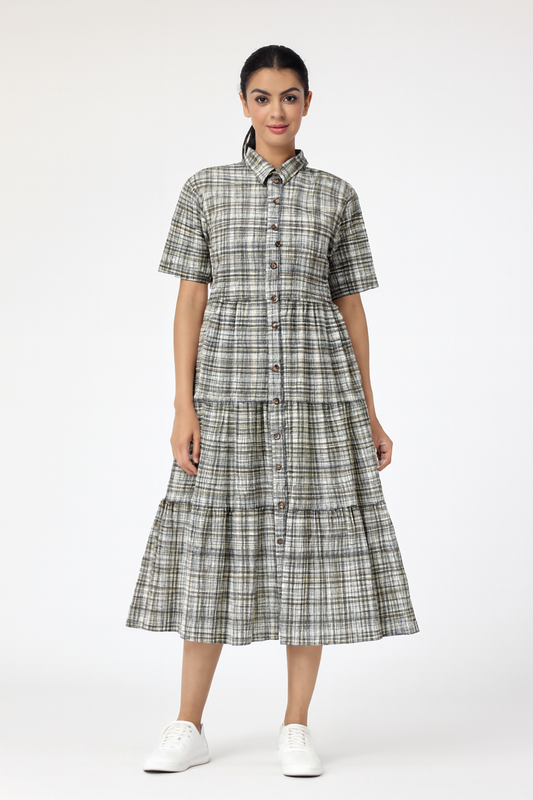 Viscose Light Green Checked Midi Shirt Dress with Button Front & Short Sleeves