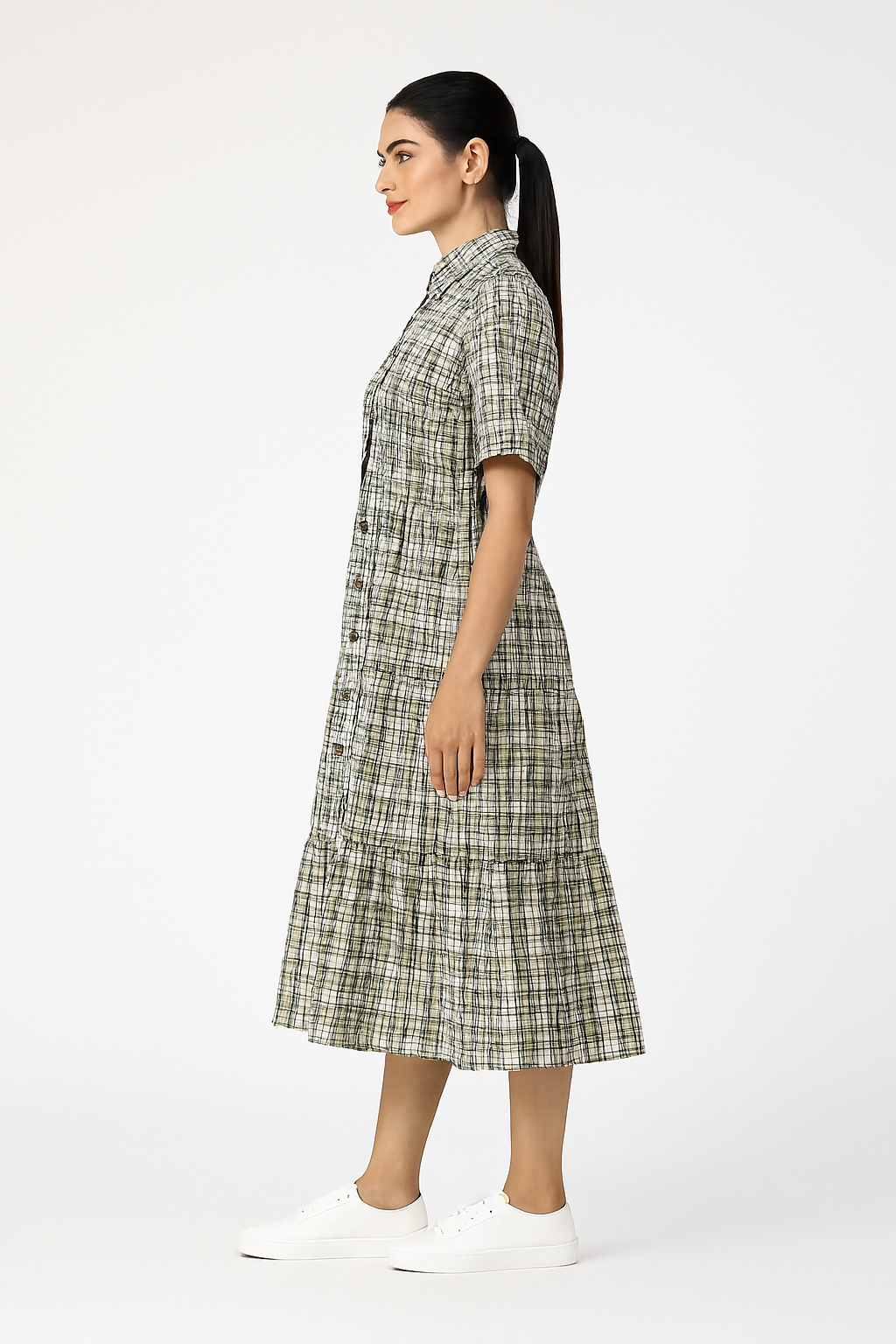 Viscose Light Green Checked Midi Shirt Dress with Button Front & Short Sleeves