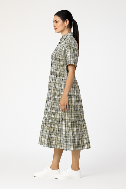 Viscose Light Green Checked Midi Shirt Dress with Button Front & Short Sleeves