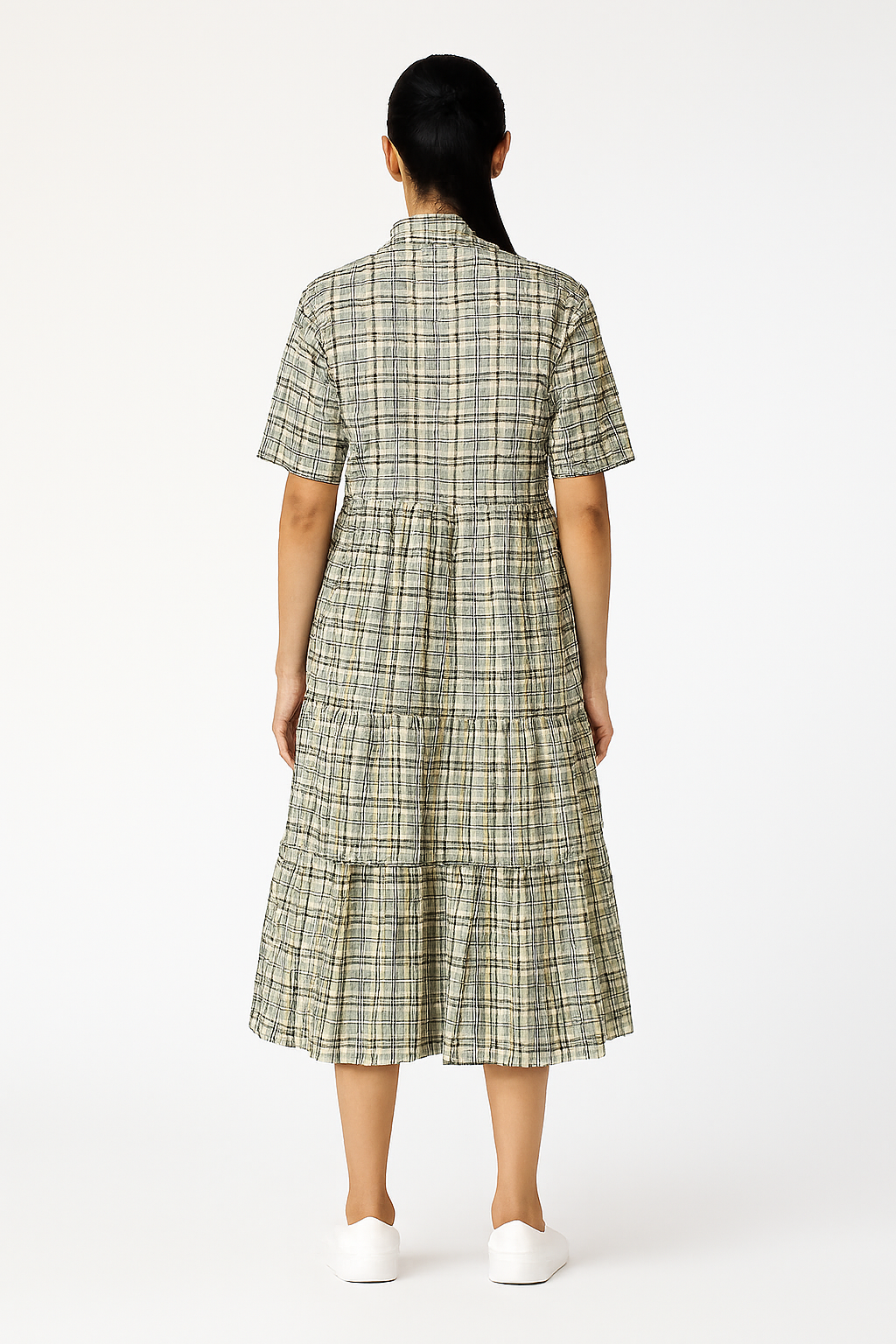 Viscose Light Green Checked Midi Shirt Dress with Button Front & Short Sleeves