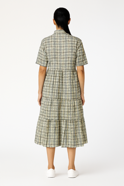 Viscose Light Green Checked Midi Shirt Dress with Button Front & Short Sleeves