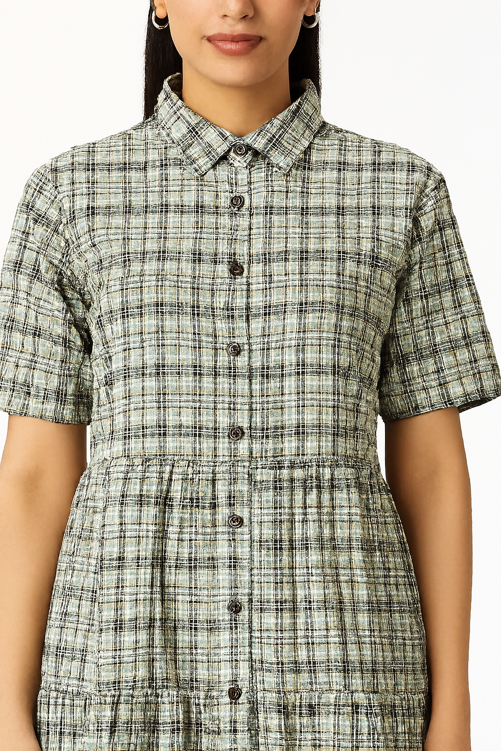 Viscose Light Green Checked Midi Shirt Dress with Button Front & Short Sleeves