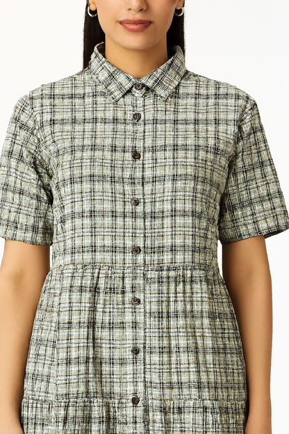Viscose Light Green Checked Midi Shirt Dress with Button Front & Short Sleeves