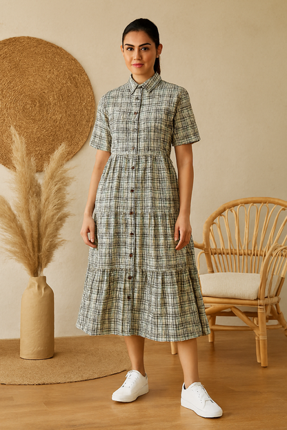 Viscose Light Green Checked Midi Shirt Dress with Button Front & Short Sleeves
