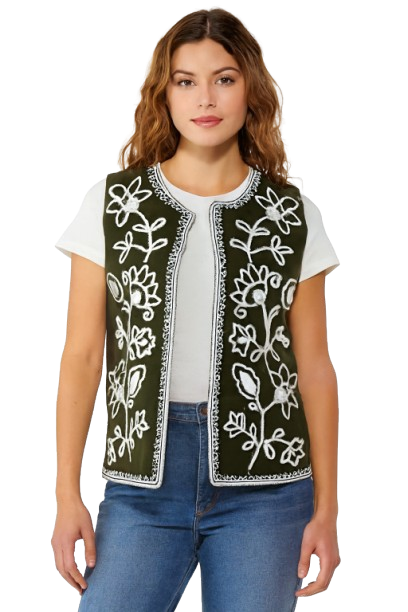 Polyester Dark Green Embroidered Sleeveless Open Front Shrug / Ethnic Jacket