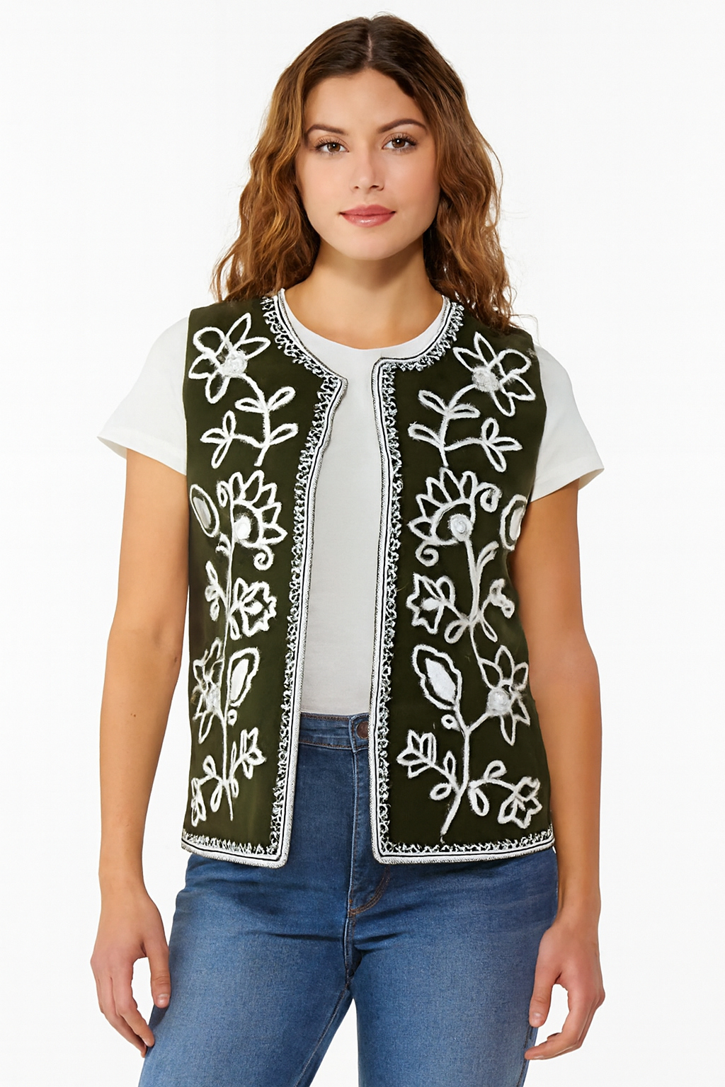 Polyester Dark Green Embroidered Sleeveless Open Front Shrug / Ethnic Jacket