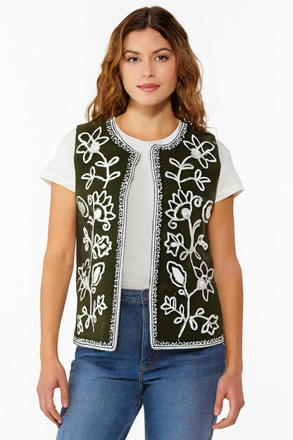 Polyester Dark Green Embroidered Sleeveless Open Front Shrug / Ethnic Jacket