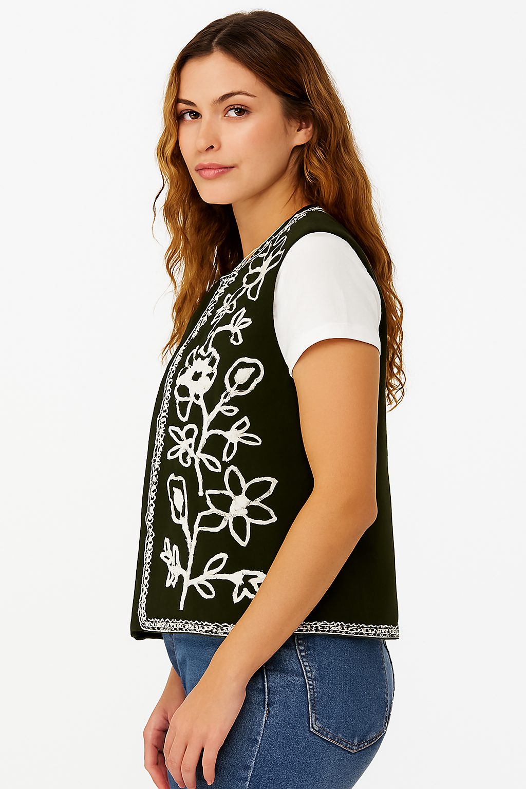 Polyester Dark Green Embroidered Sleeveless Open Front Shrug / Ethnic Jacket