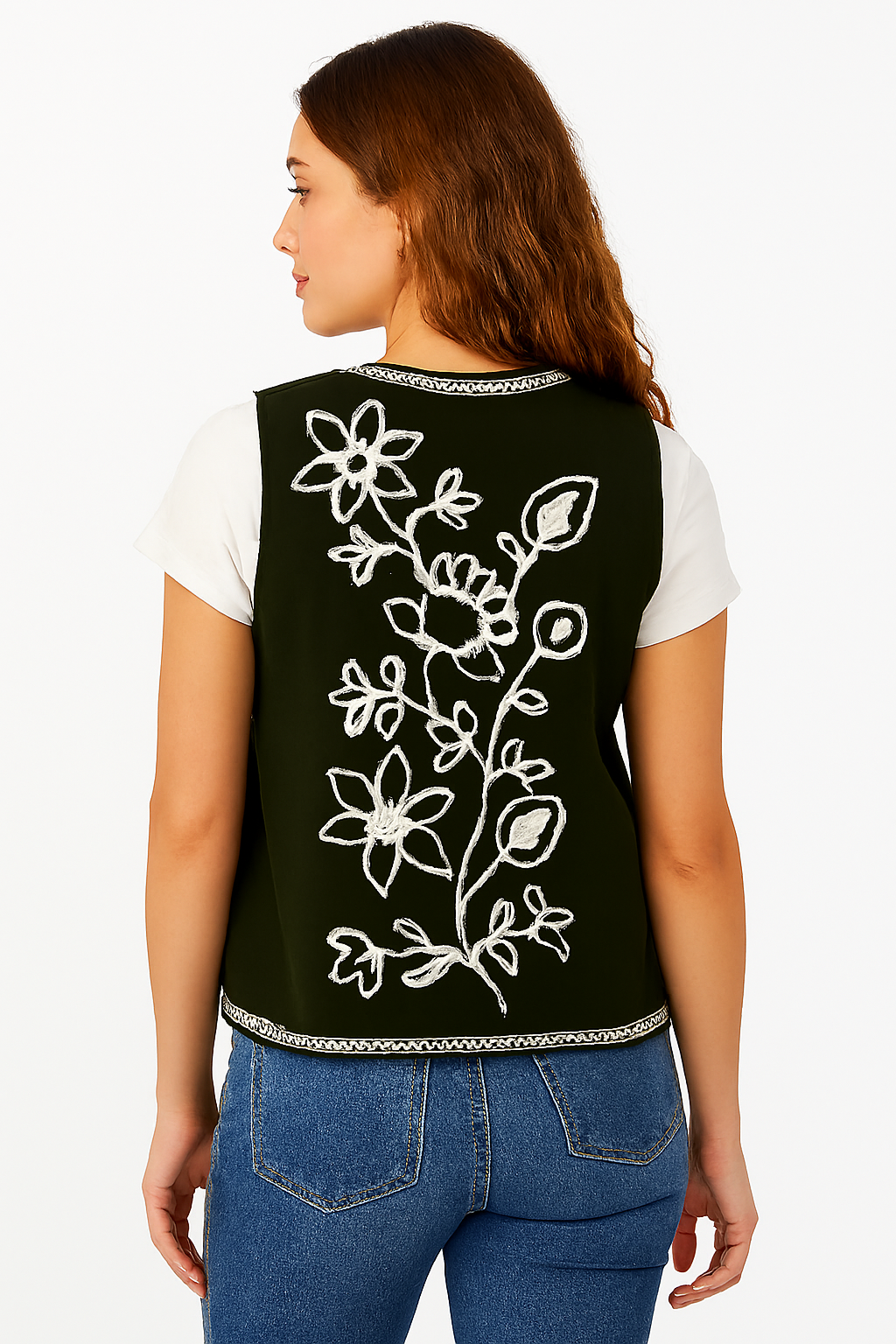 Polyester Dark Green Embroidered Sleeveless Open Front Shrug / Ethnic Jacket