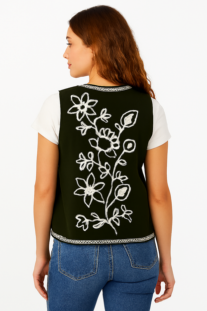 Polyester Dark Green Embroidered Sleeveless Open Front Shrug / Ethnic Jacket