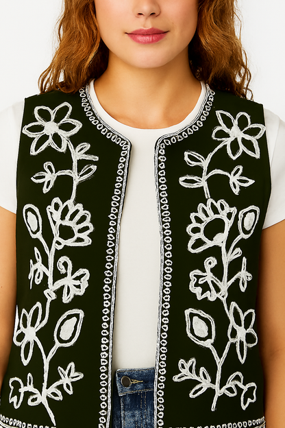 Polyester Dark Green Embroidered Sleeveless Open Front Shrug / Ethnic Jacket