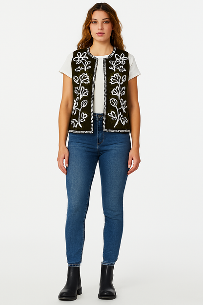 Polyester Dark Green Embroidered Sleeveless Open Front Shrug / Ethnic Jacket