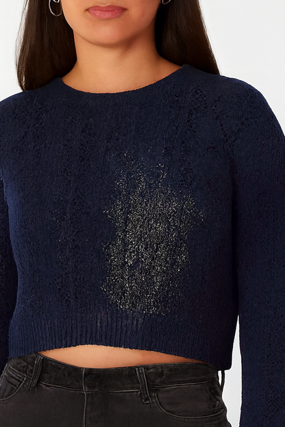 Cotton Dark Blue Cotton Down Shoulder Cropped Sweater