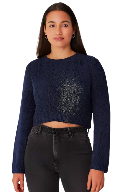 Cotton Dark Blue Cotton Down Shoulder Cropped Sweater