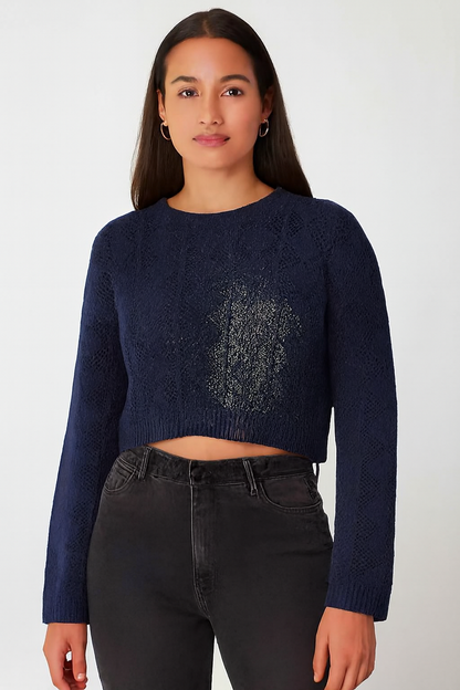 Cotton Dark Blue Cotton Down Shoulder Cropped Sweater