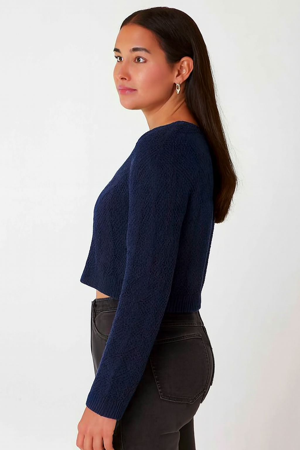 Cotton Dark Blue Cotton Down Shoulder Cropped Sweater