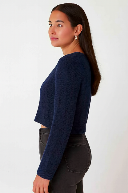 Cotton Dark Blue Cotton Down Shoulder Cropped Sweater