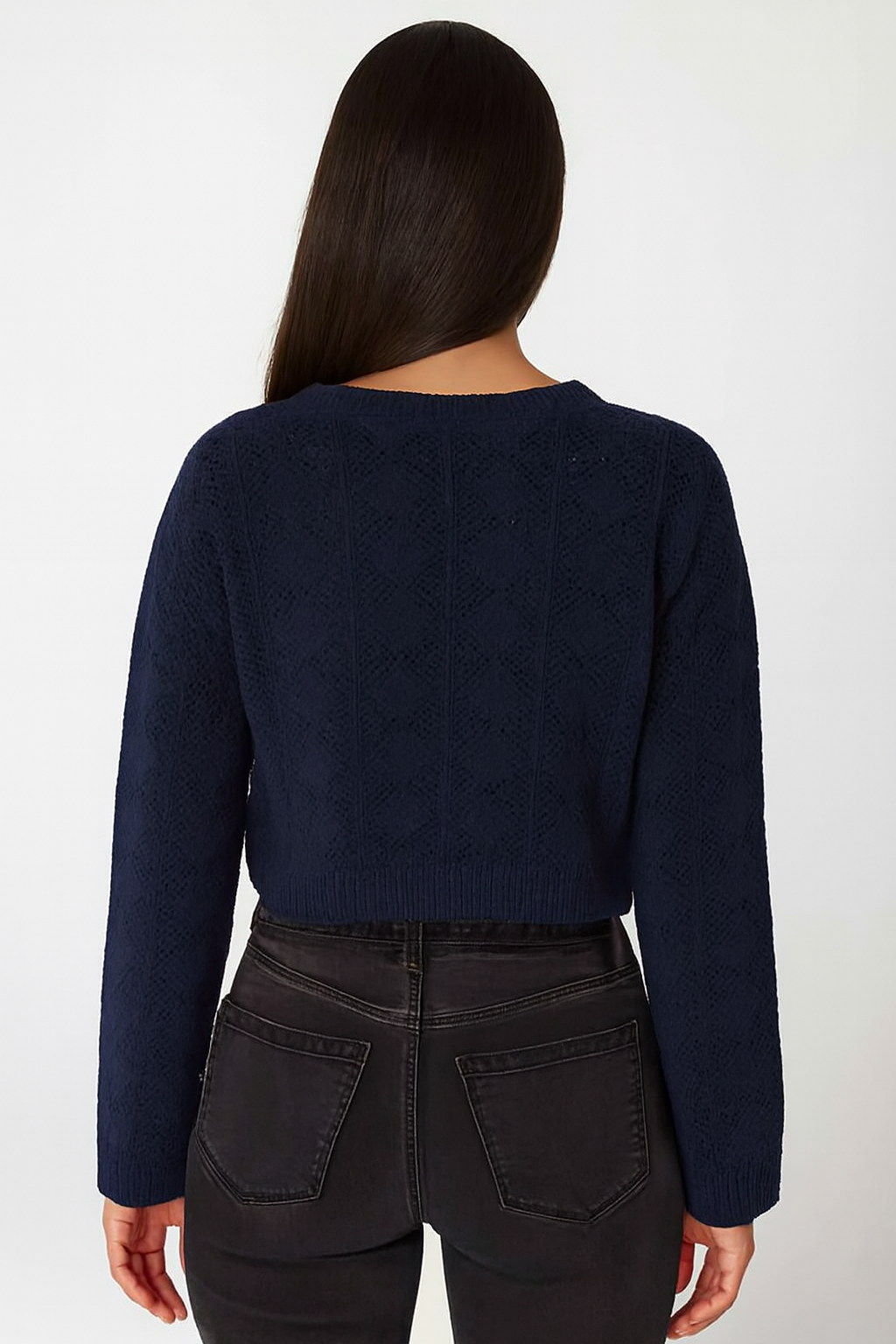 Cotton Dark Blue Cotton Down Shoulder Cropped Sweater