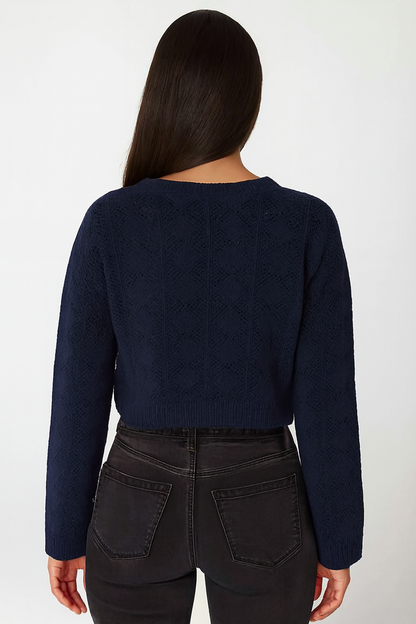 Cotton Dark Blue Cotton Down Shoulder Cropped Sweater