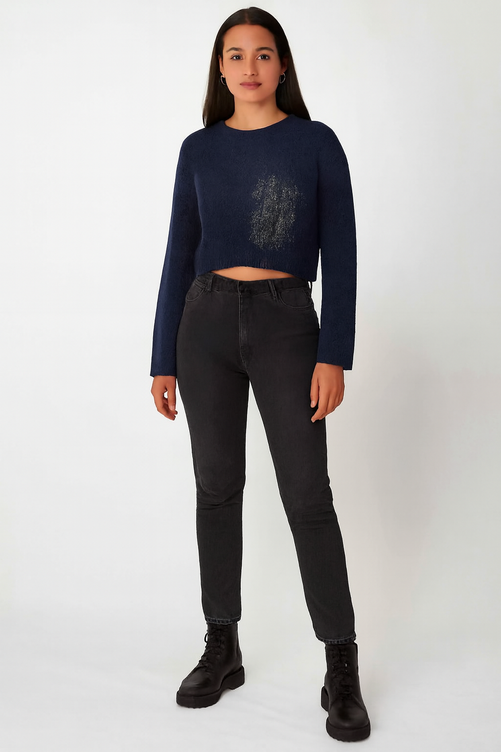 Cotton Dark Blue Cotton Down Shoulder Cropped Sweater
