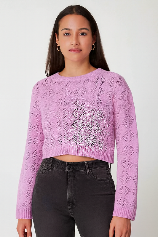 Cotton Purple Cotton Down Shoulder Cropped Sweater