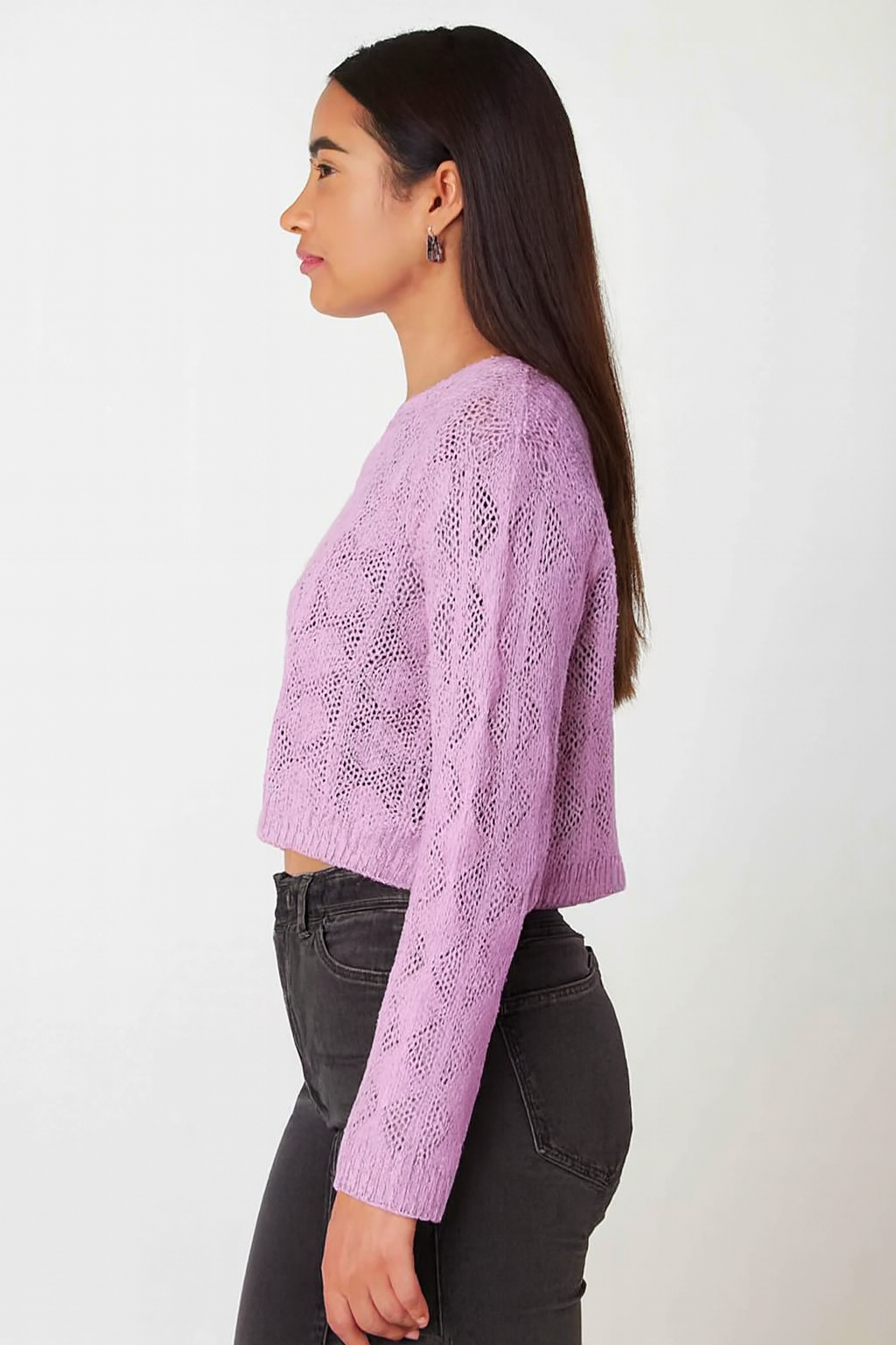 Cotton Purple Cotton Down Shoulder Cropped Sweater