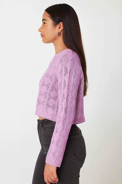 Cotton Purple Cotton Down Shoulder Cropped Sweater