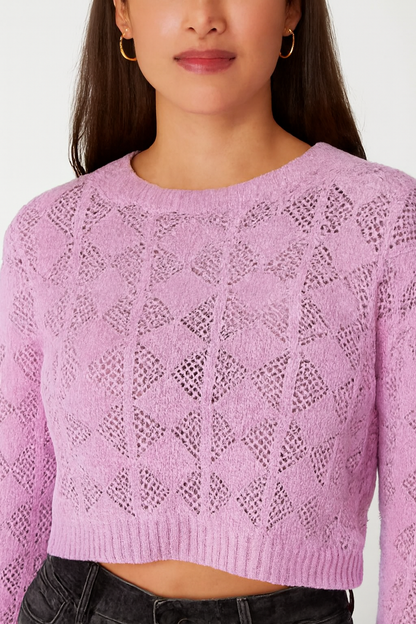 Cotton Purple Cotton Down Shoulder Cropped Sweater