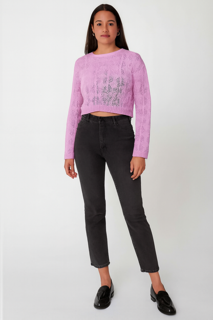Cotton Purple Cotton Down Shoulder Cropped Sweater
