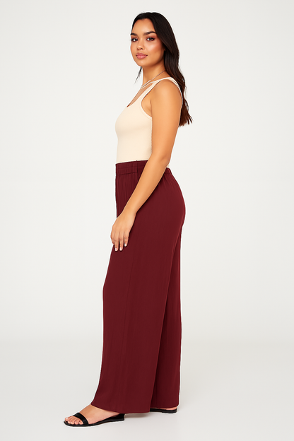 Rayon Maroon Solid Palazzo Pants with Elastic Waistband and Side Pockets