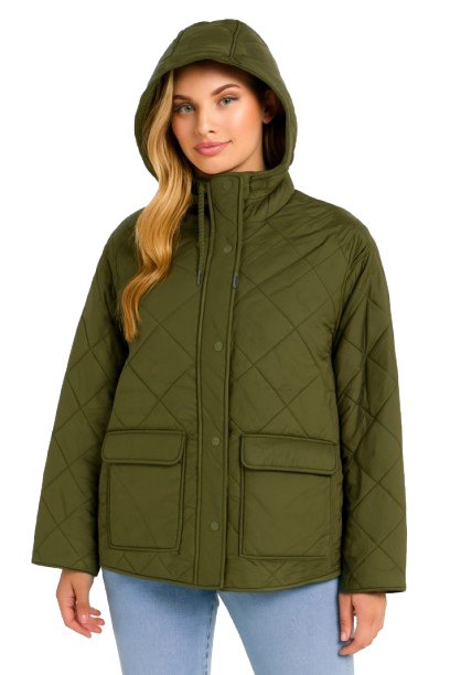 Polyester Dark Green Quilted Hooded Jacket with Front Pockets | Winter Wear Loose Fit Jacket