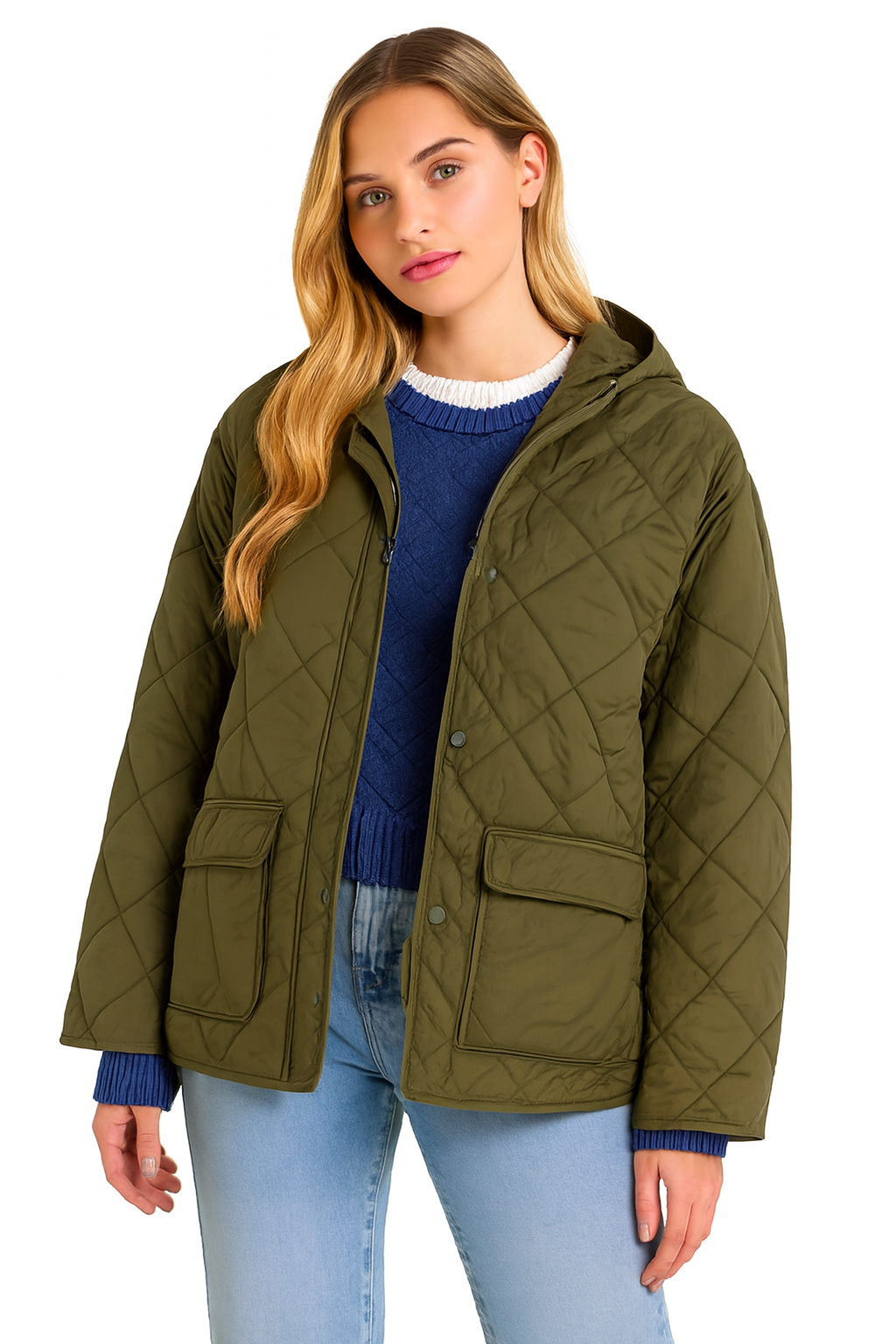 Polyester Dark Green Quilted Hooded Jacket with Front Pockets | Winter Wear Loose Fit Jacket