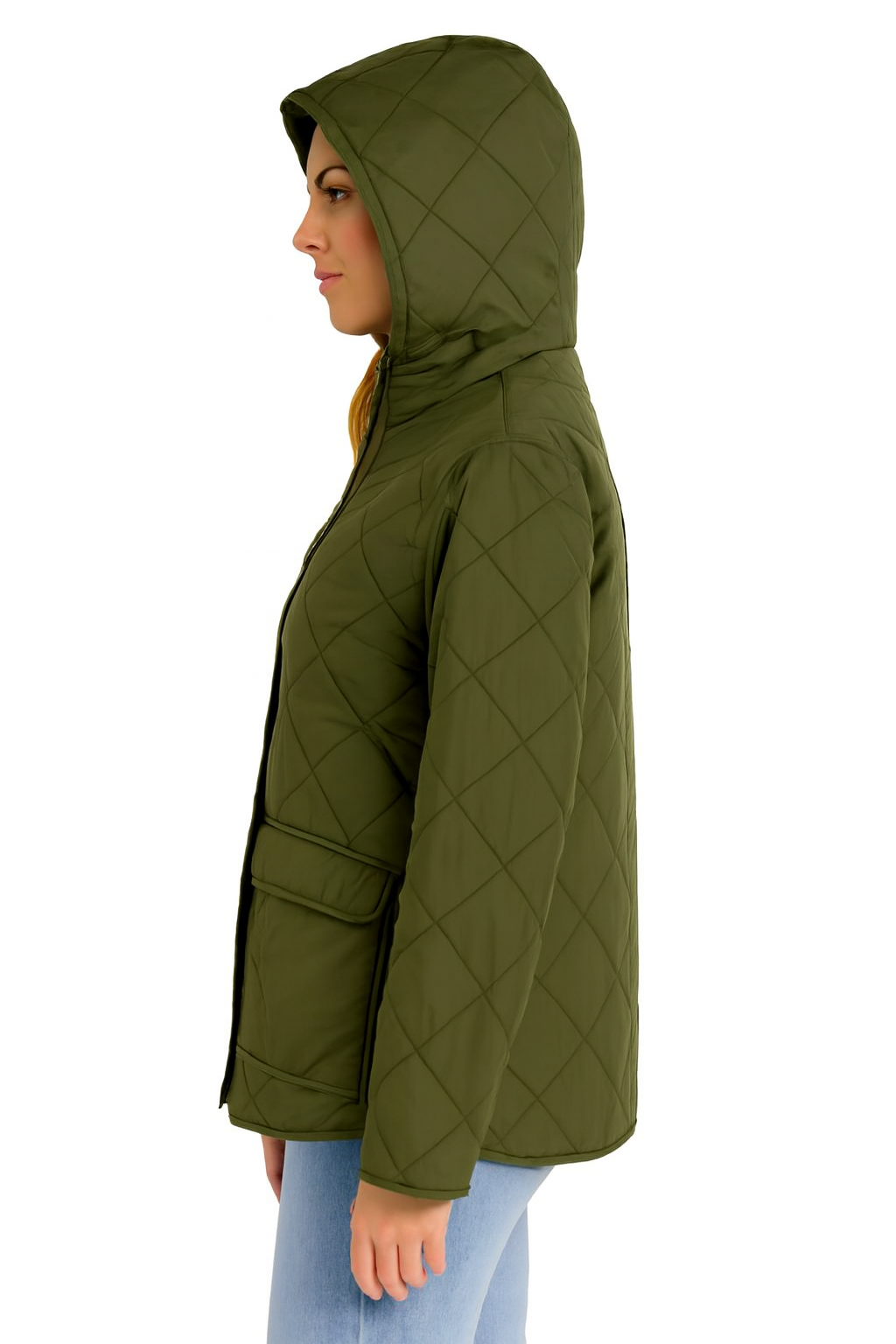 Polyester Dark Green Quilted Hooded Jacket with Front Pockets | Winter Wear Loose Fit Jacket