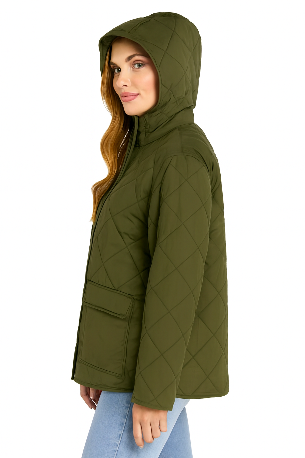 Polyester Dark Green Quilted Hooded Jacket with Front Pockets | Winter Wear Loose Fit Jacket