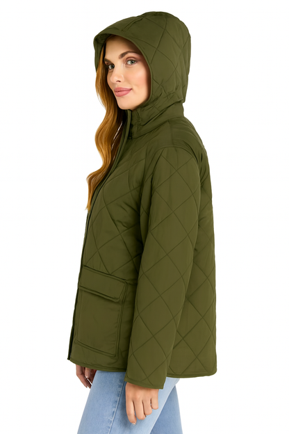 Polyester Dark Green Quilted Hooded Jacket with Front Pockets | Winter Wear Loose Fit Jacket