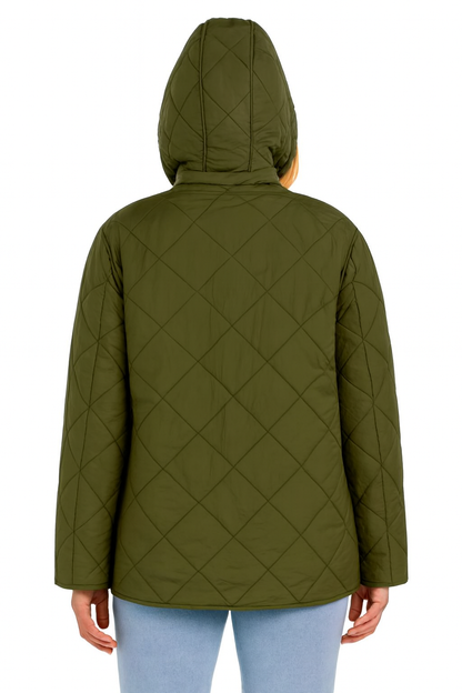 Polyester Dark Green Quilted Hooded Jacket with Front Pockets | Winter Wear Loose Fit Jacket