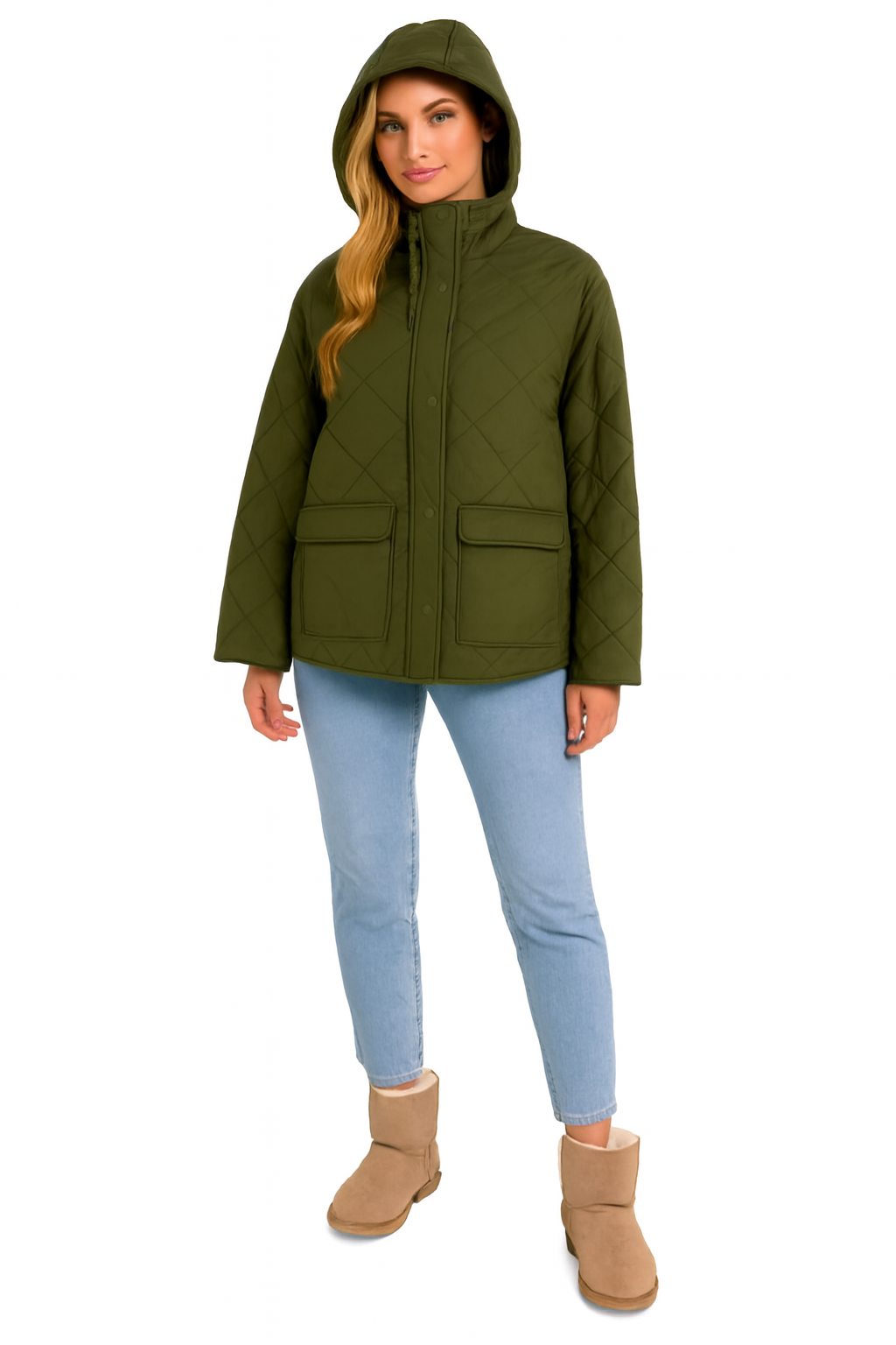 Polyester Dark Green Quilted Hooded Jacket with Front Pockets | Winter Wear Loose Fit Jacket