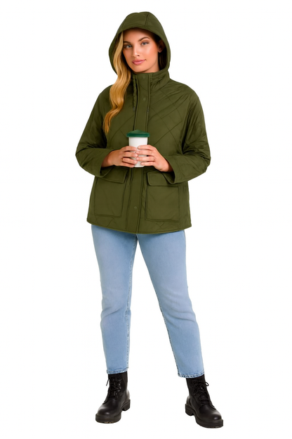 Polyester Dark Green Quilted Hooded Jacket with Front Pockets | Winter Wear Loose Fit Jacket