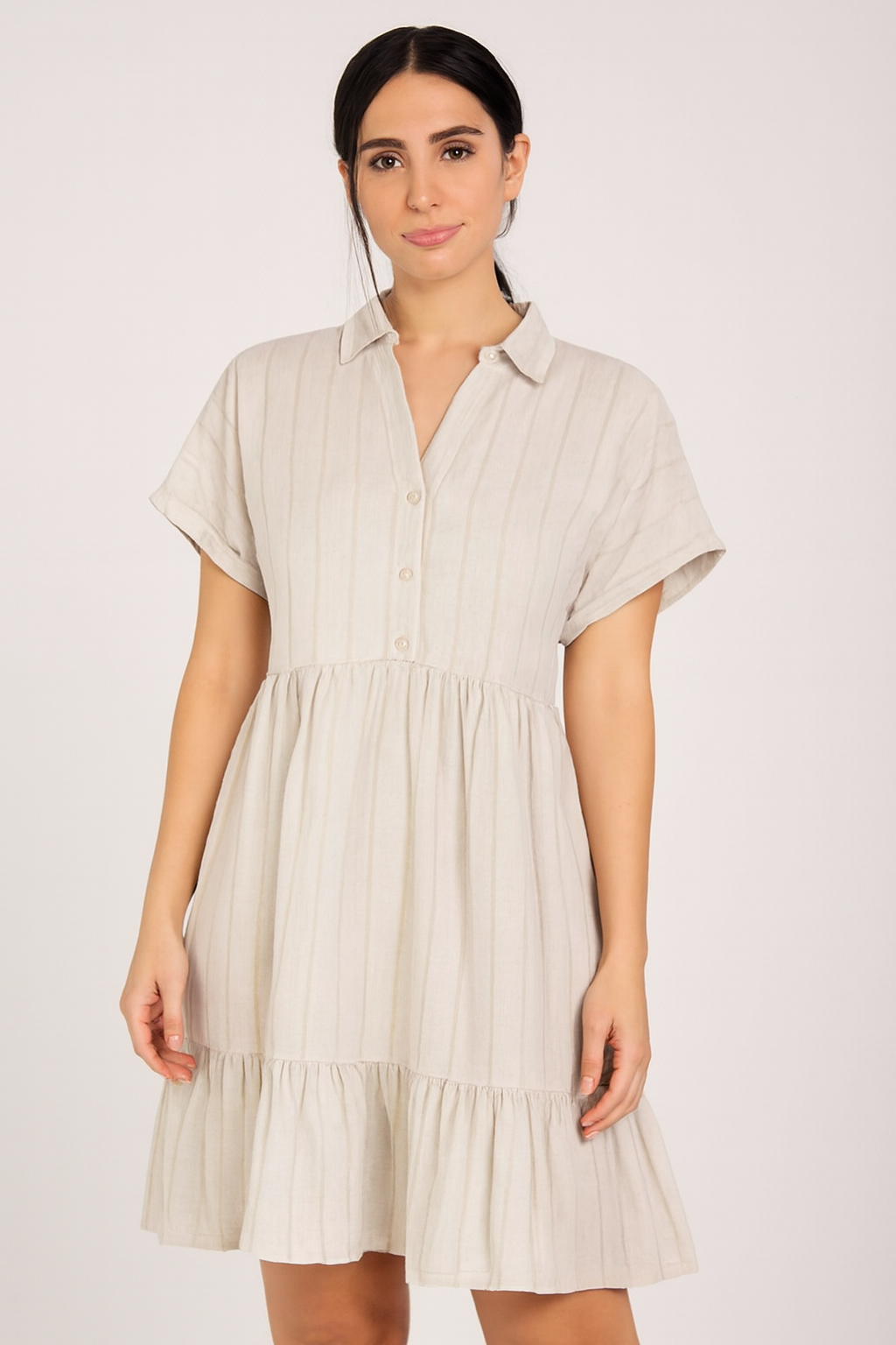 Light Grey Shirt Collar Tiered A-Line Dress | Viscose Cotton Linen Blend | Short Sleeve Casual Dress