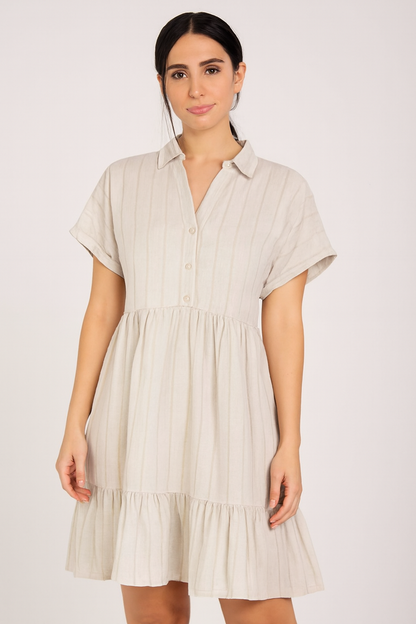 Light Grey Shirt Collar Tiered A-Line Dress | Viscose Cotton Linen Blend | Short Sleeve Casual Dress