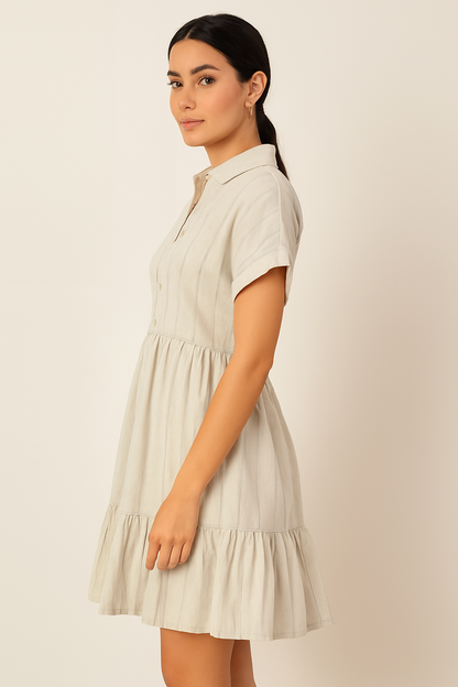 Light Grey Shirt Collar Tiered A-Line Dress | Viscose Cotton Linen Blend | Short Sleeve Casual Dress