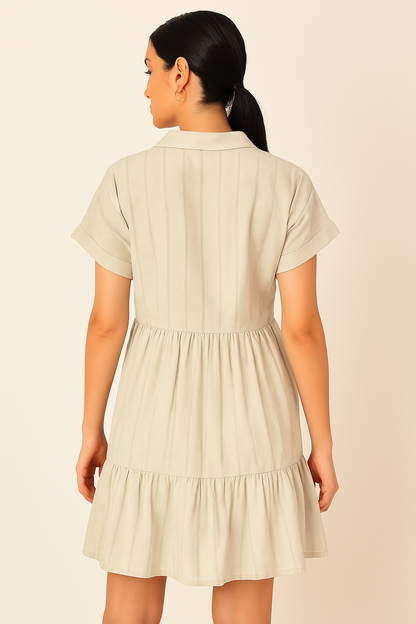 Light Grey Shirt Collar Tiered A-Line Dress | Viscose Cotton Linen Blend | Short Sleeve Casual Dress
