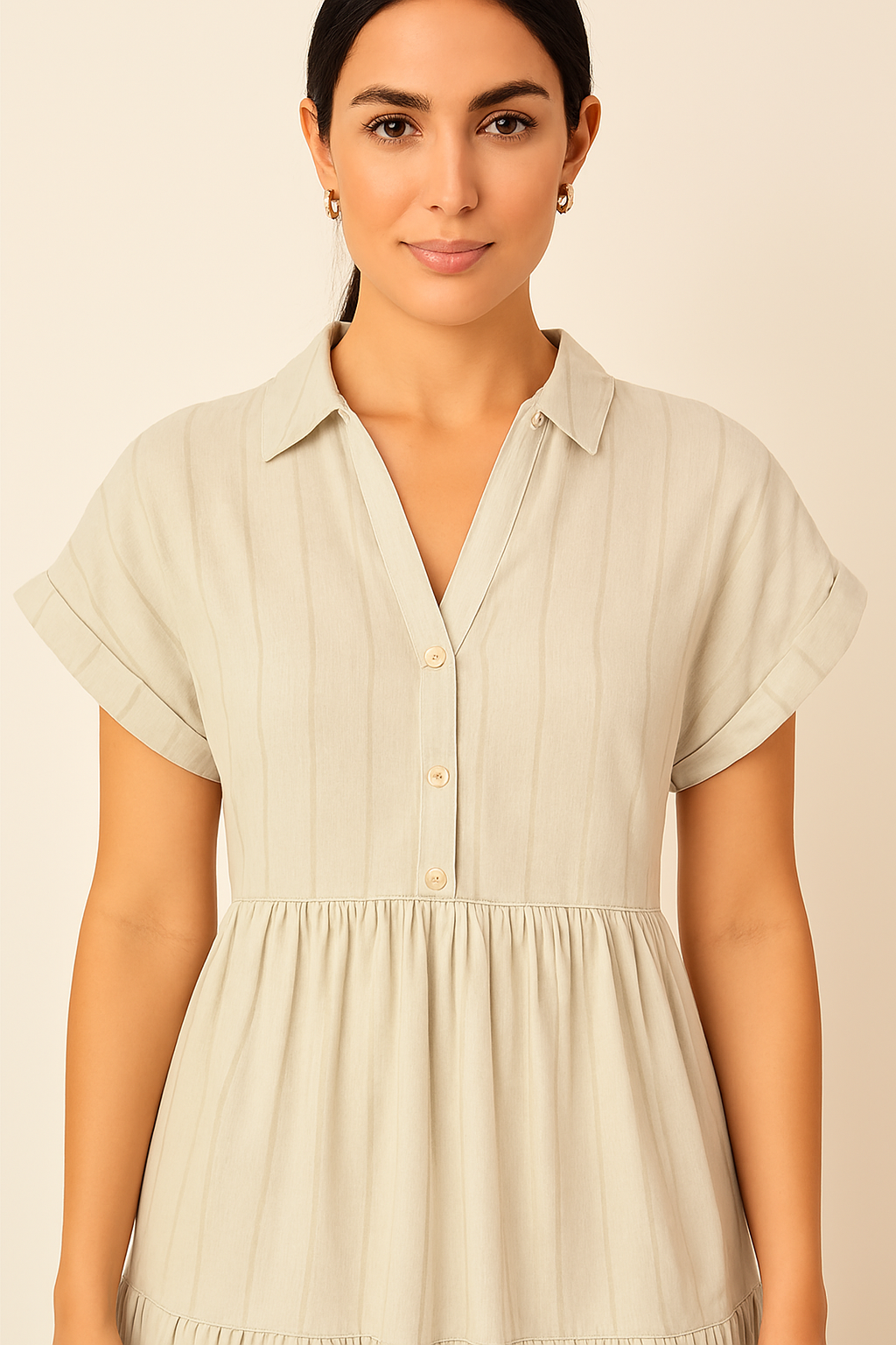 Light Grey Shirt Collar Tiered A-Line Dress | Viscose Cotton Linen Blend | Short Sleeve Casual Dress