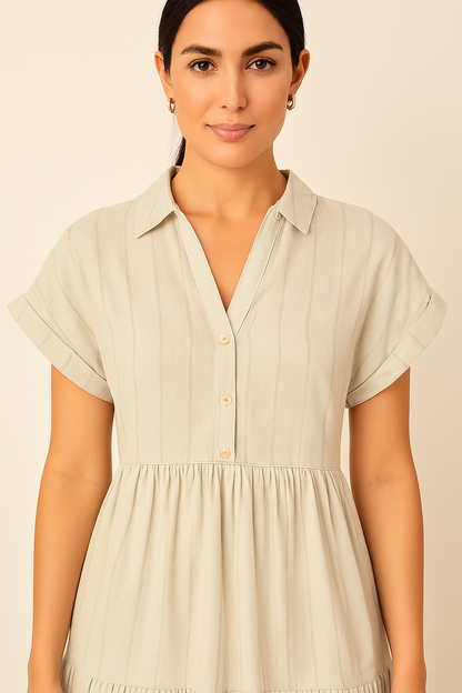 Light Grey Shirt Collar Tiered A-Line Dress | Viscose Cotton Linen Blend | Short Sleeve Casual Dress