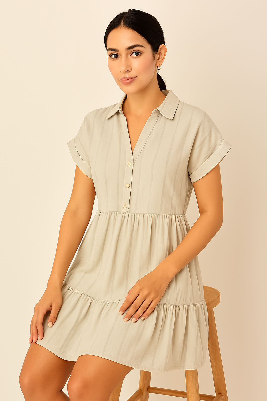 Light Grey Shirt Collar Tiered A-Line Dress | Viscose Cotton Linen Blend | Short Sleeve Casual Dress