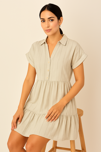 Light Grey Shirt Collar Tiered A-Line Dress | Viscose Cotton Linen Blend | Short Sleeve Casual Dress