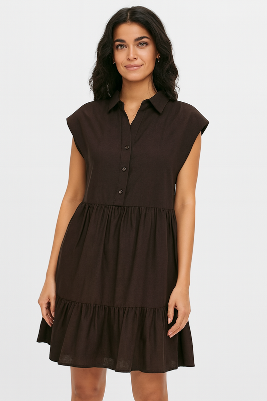 Dark Brown Solid Tiered Short Dress | Collared Neck | Sleeveless | Viscose Cotton Blend