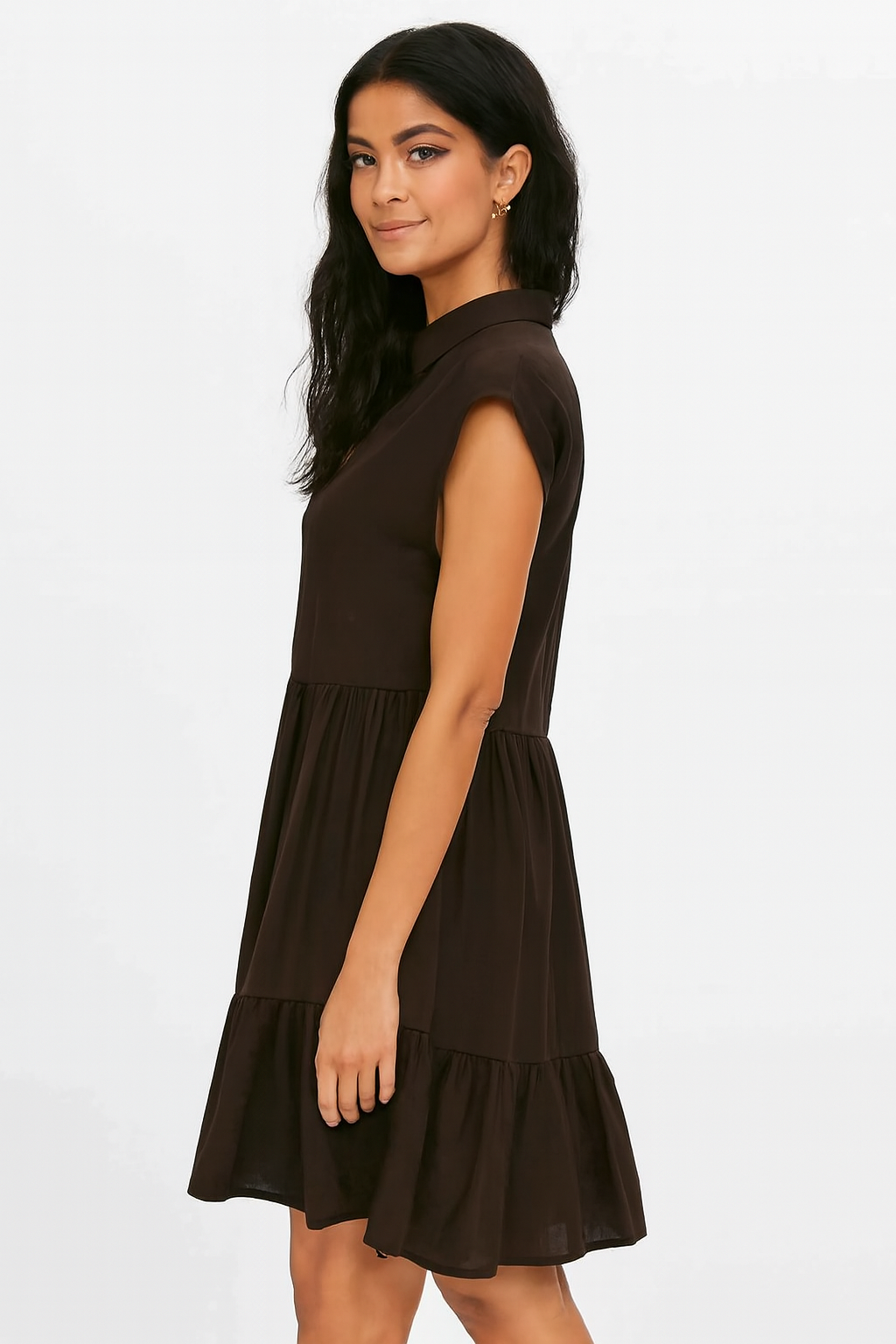 Dark Brown Solid Tiered Short Dress | Collared Neck | Sleeveless | Viscose Cotton Blend