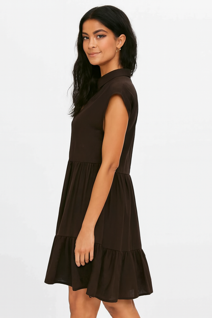 Dark Brown Solid Tiered Short Dress | Collared Neck | Sleeveless | Viscose Cotton Blend