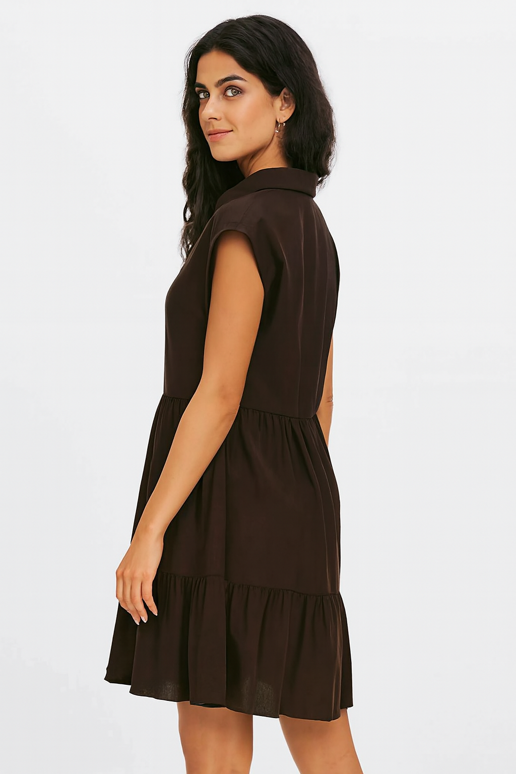 Dark Brown Solid Tiered Short Dress | Collared Neck | Sleeveless | Viscose Cotton Blend